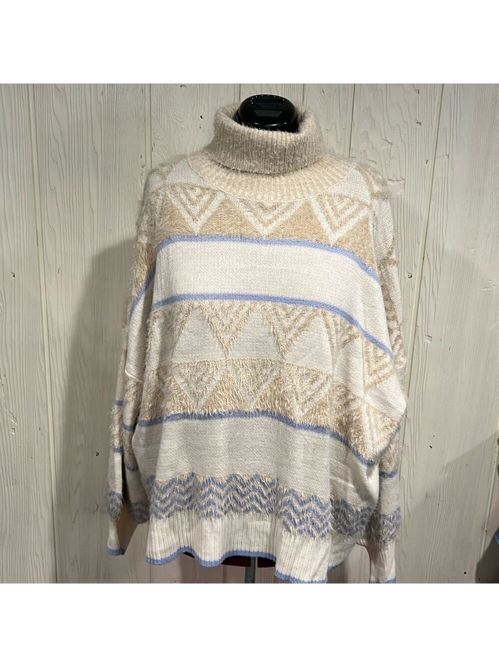 Davi & Dani Sweater Turtleneck Puffy Sleeves Rib Knit Ivory 2XL